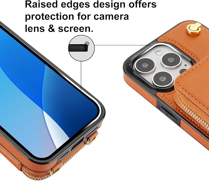 Bocasal for MagSafe Crossbody Wallet Case Compatible with iPhone 16 Pro, RFID Blocking Protective Purse Case with Card Slots Holder Kickstand Wrist Strap Lanyard Zipper 6.3 Inch 5G (Brown)