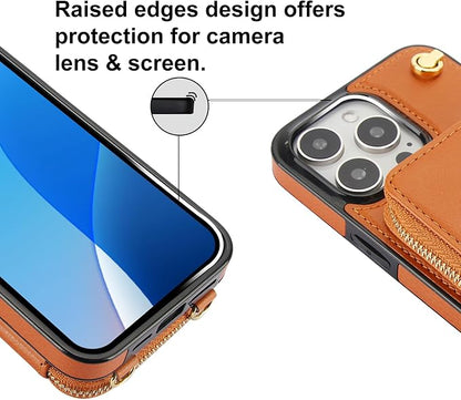 Bocasal for MagSafe Crossbody Wallet Case Compatible with iPhone 16 Pro, RFID Blocking Protective Purse Case with Card Slots Holder Kickstand Wrist Strap Lanyard Zipper 6.3 Inch 5G (Brown)