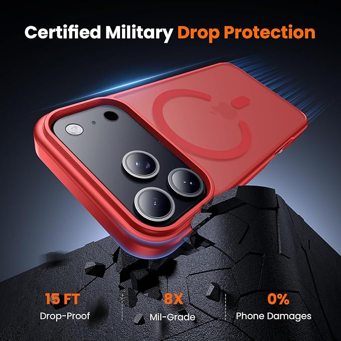 3 in 1 for iPhone 17 Pro Case Matte Red,Fits MagSafe, Screen Protector*1 Camera Lens Protector*1,Matte Skin Feeling Back, Cover Military-Grade Protection