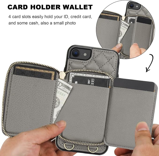 Bocasal Crossbody Wallet Case for iPhone SE 2022/SE 2020/8/7, RFID Blocking PU Leather Zipper Handbag Purse Flip Cover, Kickstand Folio Case with Card Slots Holder Wrist Strap Lanyard 4.7 Inch (Grey)