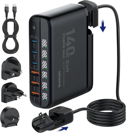 GaN 140W USB C Charger Block 6 Port Multi USB Charging Station Hub Power Digital Display 100W Laptop Charger Type c Universal Travel Adapter EU/UK/US Plug Compatible with MacBook Pro/iPhone/Laptop