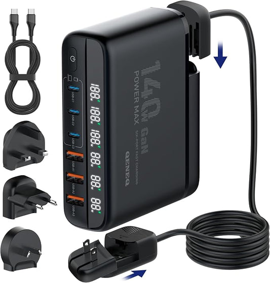 GaN 140W USB C Charger Block 6 Port Multi USB Charging Station Hub Power Digital Display 100W Laptop Charger Type c Universal Travel Adapter EU/UK/US Plug Compatible with MacBook Pro/iPhone/Laptop