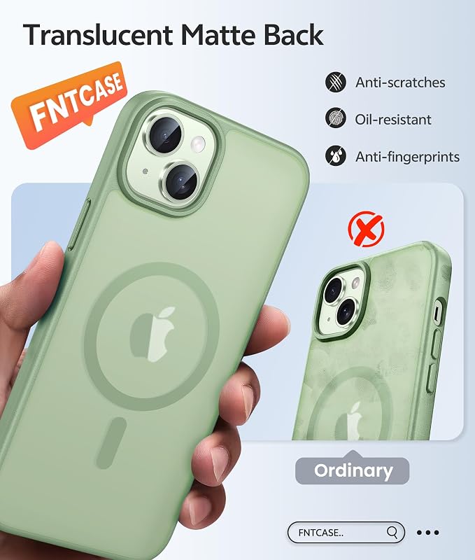 FNTCASE for iPhone 15 Plus Case: for iPhone 14 Plus Case [Compatible with Magsafe] Translucent Matte Cases with [Screen Protector] Military Grade Shockproof Protective Phone Cover - Light Moss