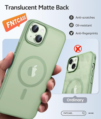 FNTCASE for iPhone 15 Plus Case: for iPhone 14 Plus Case [Compatible with Magsafe] Translucent Matte Cases with [Screen Protector] Military Grade Shockproof Protective Phone Cover - Light Moss