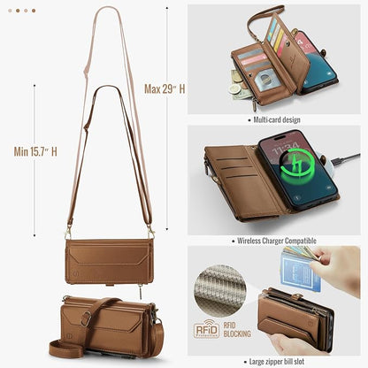 Strapurs Wallet Case Compatible with iPhone 16 Pro 6.3" RFID Blocking 10-Card Holder Soft PU Leather Magnetic Snap Shoulder Strap Zipper Pocket Phone Case Fit for iPhone 16 Pro for Women - Brown