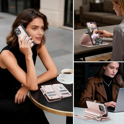 Strapurs for iPhone 16 Pro Detachable Wallet Case Compatible with Magsafe, RFID Blocking 9-Card Holder Zipper Wrist Strap Lanyard PU Leather Magnetic Phone Case for iPhone 16 Pro 6.3", Rose Gold