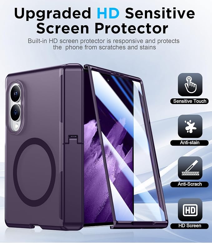 for Samsung Galaxy Z Fold 8 Case,[Compatible with MagSafe][Built-in HD Screen Protector & Kickstand][Hinge Protection]Translucent Matte Full-Body Shockproof Phone Case for Z Fold 8 Wide,Purple