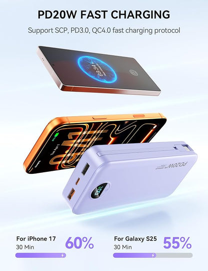 Nusyddy Portable Charger 20000mAh PD20W w/Built-in Cables & Wall Plug Purp. | PD20W Fast Charging, High Capacity, LED Display, Charge 5 Devices at once, TSA Approved, Compatible with iPhone/iPad/Samsung