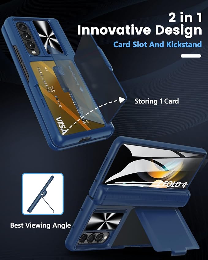 Viaotaily Galaxy Z Fold 4 5G Case with Card Holder & Hinge Protection, Built-in Slide Camera Lens Cover & Screen Protector, Durable Sturdy Phone Cover Case for Samsung Galaxy Z Fold 4 5G 2022 (Blue)