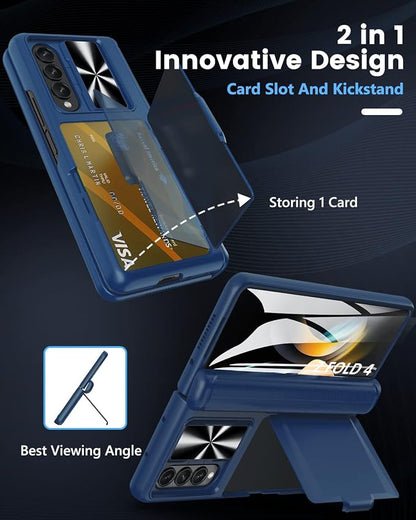 Viaotaily Galaxy Z Fold 4 5G Case with Card Holder & Hinge Protection, Built-in Slide Camera Lens Cover & Screen Protector, Durable Sturdy Phone Cover Case for Samsung Galaxy Z Fold 4 5G 2022 (Blue)