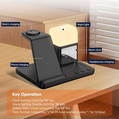 Wireless Charger for Samsung/Android,6 in 1 Alarm Clock Charging Station for Bedrooms with Bedside Clock Night Light for Samsung S25/S24/S23 Ultra/Buds,Watch Charger only for Galaxy Watch 8/7/6-Black