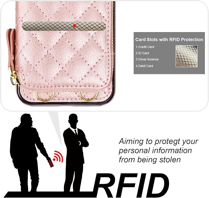 Bocasal Crossbody Wallet Case for iPhone SE 2022/SE 2020/8/7, RFID Blocking Leather Zipper Handbag Purse Flip Cover, Kickstand Folio Case with Card Slot Holder Wrist Strap Lanyard 4.7 Inch (Rose Gold)