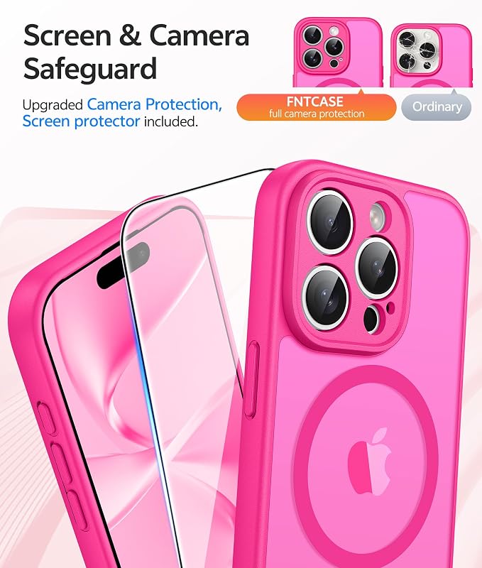 FNTCASE for iPhone 15 Pro Max Case: [Compatible with Magsafe] Translucent Matte Cases with [Full Camera Protection] [Screen Protector] Military Grade Shockproof Protective Phone Cover - Hot Pink
