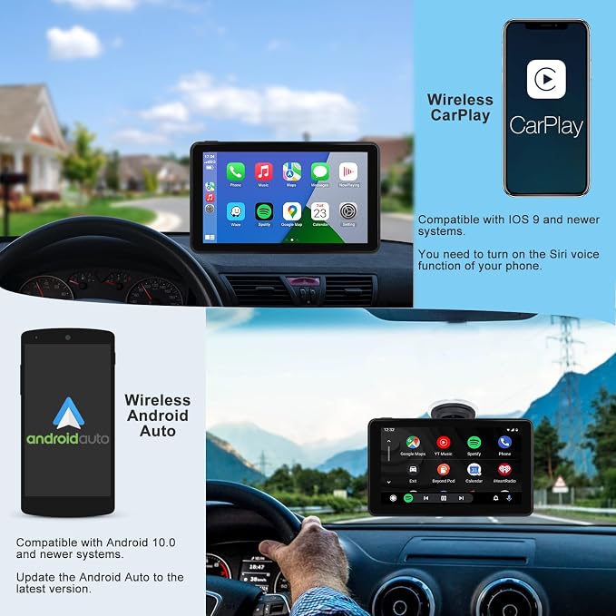 Wireless CarPlay Android Auto Car Screen, 7 Inch HD Bluetooth AirPlay Touch Screen Protable Car Stereo Naivgation Music Video Player Mirrorring, Siri, AUX, Voice Assistant