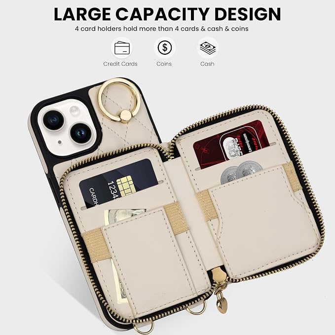 Keallce Case for iPhone 15 6.1'' Wallet Case, Crossbody Zipper Purse with Wrist Strap Lanyard Handbag for Women, RFID Blocking Card Holders, 360° Ring Kickstand Flip Leather Cover for iPhone 15, Beige