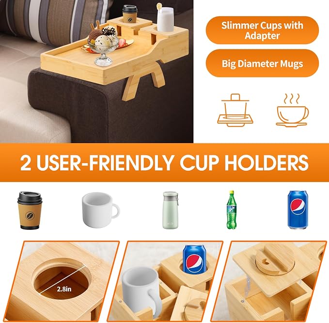 Couch Cup Holder Tray - Sofa Arm Tray with 360° Rotating Cell Phone Holder, Anti-Slip Couch Arm Rest Table, Natural Bamboo Clip-On Side Table for Eating, Snacks, Drinks, Remote, Cups