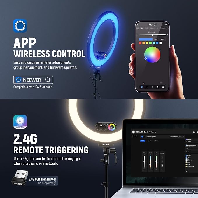 NEEWER RL45C 18" Edge Lit 45W RGB LED Ring Light with Phone Tripod Stand Remote CRI95+ 3100lux/0.5m 2500K–10000K 360° Full Colors App/2.4G Control Compatible with iPhone Selfie Makeup Video Recording