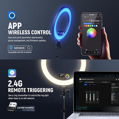 NEEWER RL45C 18" Edge Lit 45W RGB LED Ring Light with Phone Tripod Stand Remote CRI95+ 3100lux/0.5m 2500K–10000K 360° Full Colors App/2.4G Control Compatible with iPhone Selfie Makeup Video Recording