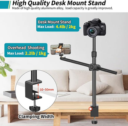 Camera Desk Mount Webcam Stand with Overhead Articulating Magic Boom Arm 1/4" Ball Head for DSLR Tripod, Adjustable Light Stand, Tabletop C Clamp for Ring Light Photo Video Shooting Live Streaming