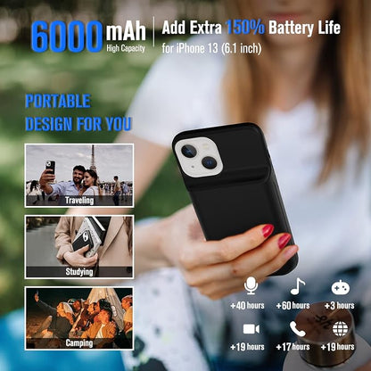 Gladgogo Charging Case for iPhone 13, Real 6000mAh Powerful Smart Battery Case Charger Ultra Slim Portable External Battery Pack Compatible with 13, 6.1 inch, Black