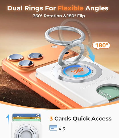 Compatible with Magsafe Wallet 3 Cards Holder [20X Strong Magnet] Magnetic Phone Grips Stand Mount Dual Ring 360° Rotation Desk Cellphone Fits for iPhone 17/16/15/14/13/12 Pro Max