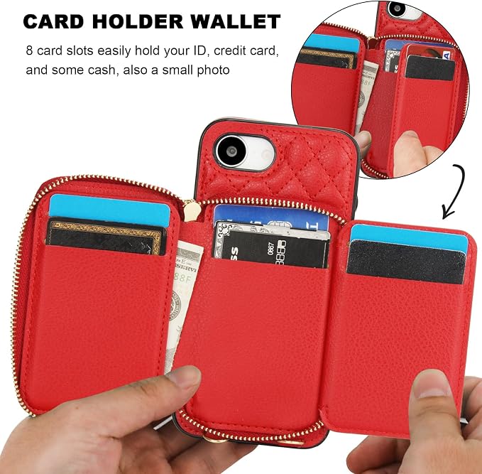 Bocasal Crossbody Wallet Case for iPhone 17e/16e, RFID Blocking PU Leather Zipper Handbag Purse Flip Cover, Kickstand Folio Case with Card Slots Holder Wrist Strap Lanyard 6.1 Inch 5G (Red)