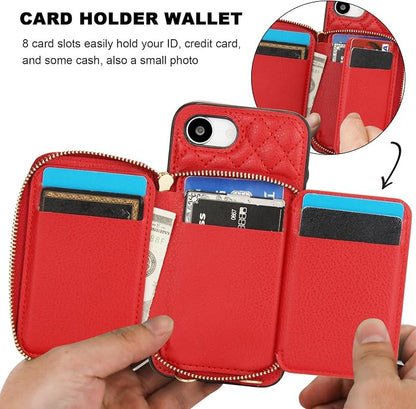 Bocasal Crossbody Wallet Case for iPhone 17e/16e, RFID Blocking PU Leather Zipper Handbag Purse Flip Cover, Kickstand Folio Case with Card Slots Holder Wrist Strap Lanyard 6.1 Inch 5G (Red)