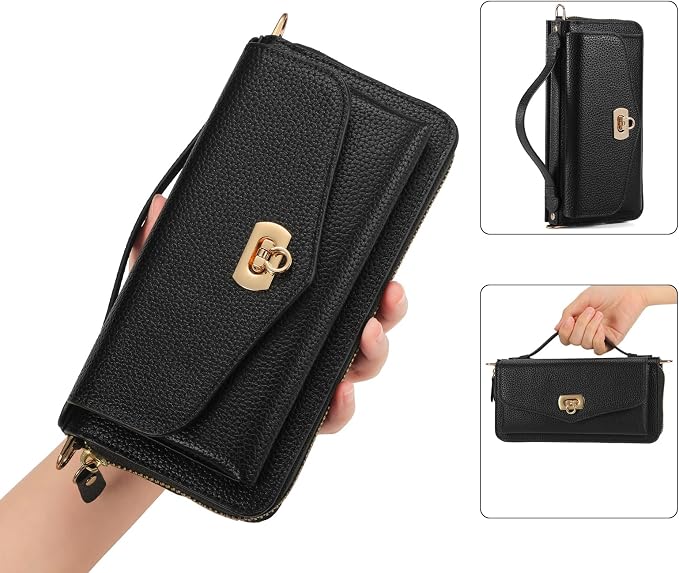 Crossbody Wallet Case for iPhone 16 Pro 6.3", Magnetic Detachable Floral PU Leather Phone Case with RFID Blocking Card Holder Wristlet Mirror Flip Zipper Shoulder Purse for Women - Black B