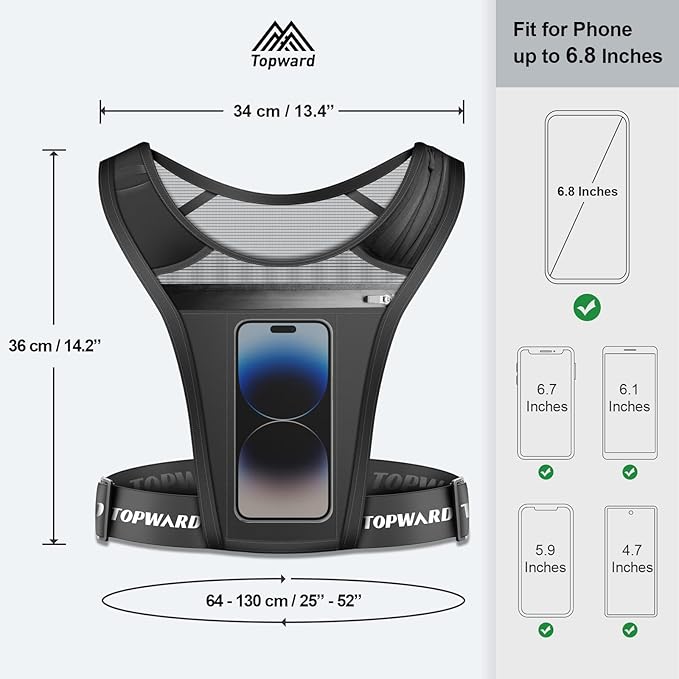 Topward Running Phone Holder Vest for Men Women Jogging Walking Exercise & Gym Workout. Waterproof Chest Pack for All Smartphones