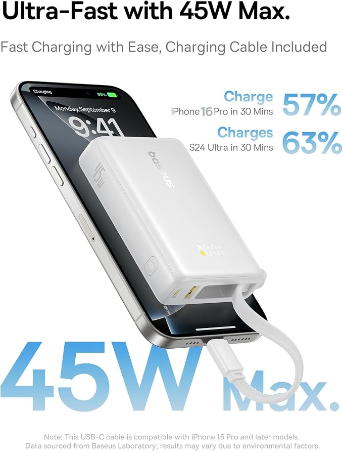 Baseus 20000mAh Compact Portable Charger 45W, CCC Certified Power Bank Built-in USB-C Cables, Travel Essential PD Fast Charging Battery Pack for iPhone 17/16 Series Galaxy S25/S24 Ultra Google iPad