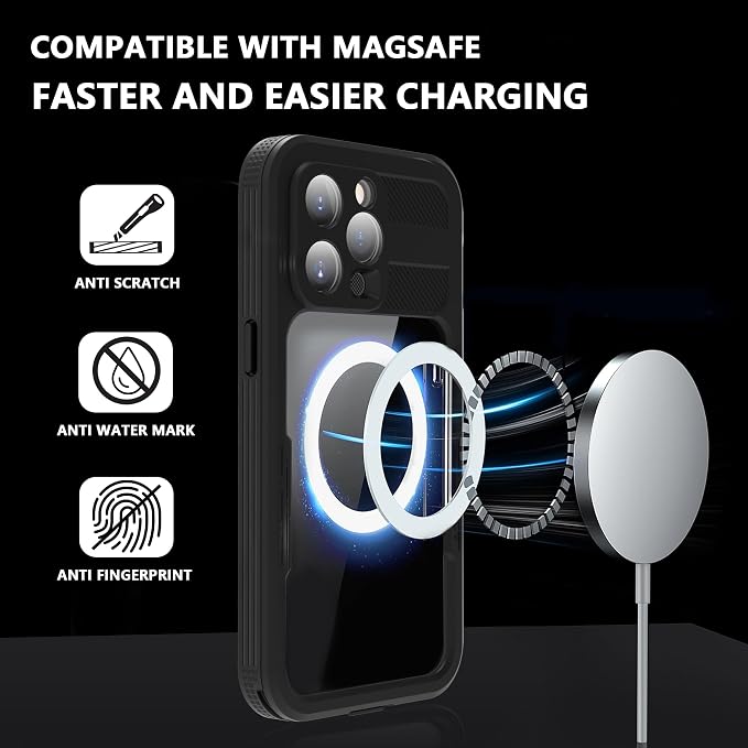 Compatible with iPhone 15 Pro 5G Waterproof Case 6.1 Inch, IP68 Protective with Magsafe, Camera/Lenses/Screen Protector, with Lanyard, Rugged Full Body Shockproof Cover Fundas Black-Clear
