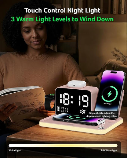 Acer 7-in-1 Wireless Charging Station with LED Clock - 30W Fast Wireless Charger for iPhone 16/15/14/13/12/Pro Max, Apple Watch, AirPods - Bluetooth Auto Time Sync & Night Lights (Pink)