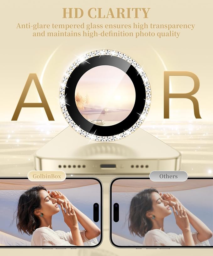 GolbinBox Camera Lens Protector for iPhone 14 Pro/14 Pro Max, 1:1 Invisible Fit, 9H Tempered Glass Ultra HD Metal Individual Camera Cover for Women, Case Friendly, Bling/Gold