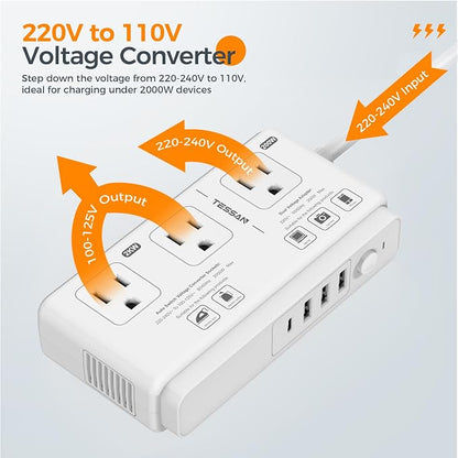 TESSAN Voltage Converter US to Europe, 220 to 110 Voltage Converter | Universal Travel Adapter, 4 USB Ports (1 USB C), 3 AC and EU UK AU IT in ZA Plug Power Adapter, Step Down Transformer, 4 FT