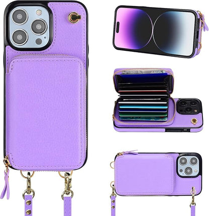 Bocasal Crossbody Wallet Case for iPhone 14 Pro Max, RFID Blocking Leather Purse Case with Card Holder, Protective Handbag Flip Cover with Zipper Wrist Strap Lanyard for Women 5G 6.7 Inch (Purple)