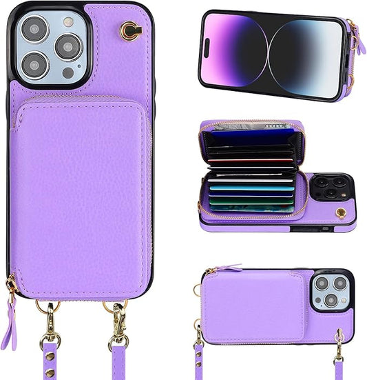 Bocasal Crossbody Wallet Case for iPhone 14 Pro Max, RFID Blocking Leather Purse Case with Card Holder, Protective Handbag Flip Cover with Zipper Wrist Strap Lanyard for Women 5G 6.7 Inch (Purple)