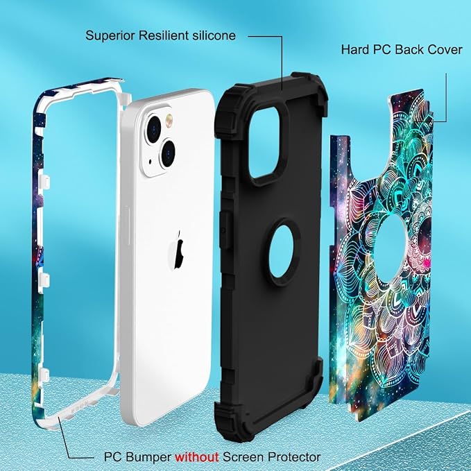 Hocase for iPhone 15 Case, Heavy Duty Shockproof Protection Soft Silicone Rubber Bumper+Hard Plastic Hybrid Protective Case for iPhone 15 (6.1" Display) 2023 - Mandala in Galaxy