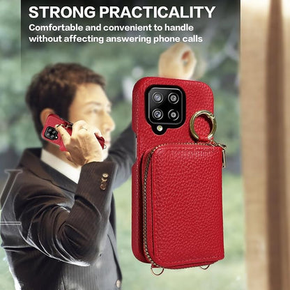 Wallet Case for Samsung Galaxy A22 4G 6.4 inch with Shoulder Strap Ring Buckle, PU Leather Zipper Organ Purse, Credit Card Holder Stand Phone Cover for M32 M22 F22 A 22 22A G4 Women Men Red