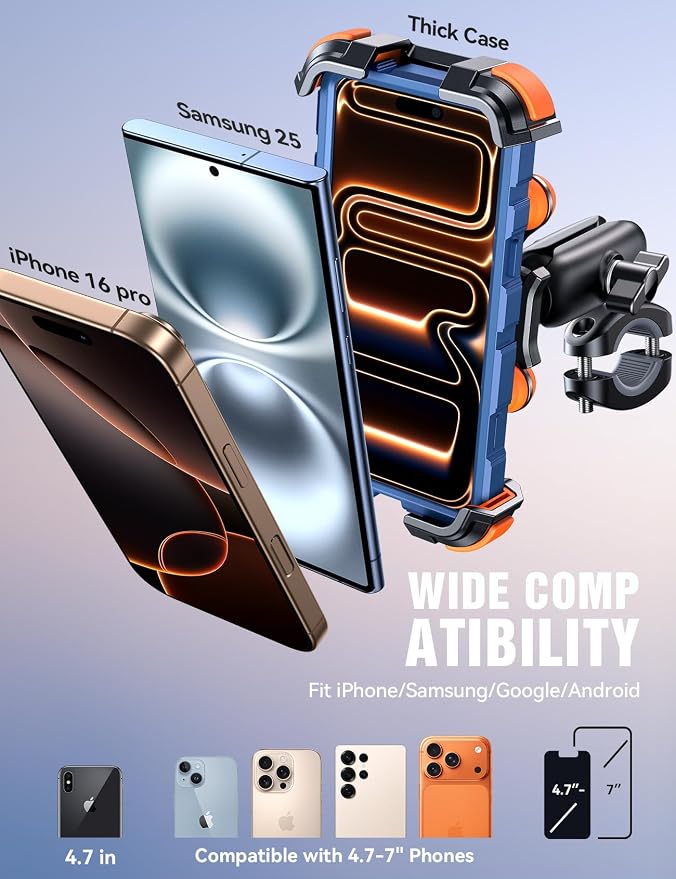 JOYROOM Motorcycle Phone Mount Holder - [Dual Vibration Dampener] 150mph Anti-Shock Phone Holder for Motorcycle [Metal Adjustment Arm] Bicycle Bike Phone Holder Mount for 4.7-7" Cell Phones, Orange