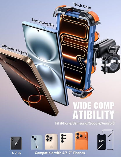 JOYROOM Motorcycle Phone Mount Holder - [Dual Vibration Dampener] 150mph Anti-Shock Phone Holder for Motorcycle [Metal Adjustment Arm] Bicycle Bike Phone Holder Mount for 4.7-7" Cell Phones, Orange