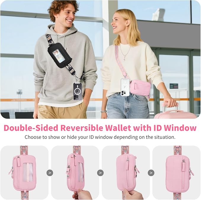 Tiostep Clip and Go Strap for Phone with Wallet Crossbody Phone Lanyard with Anti-Theft Zipper Pouch Detachable Quilted Wrist Wallet with RFID and ID Window for Daily Travel. Pink Large