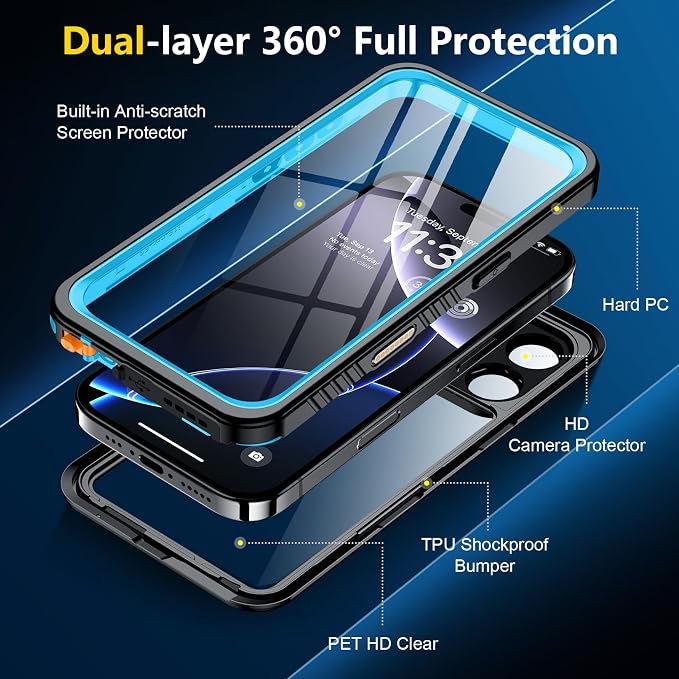 SPIDERCASE for iPhone 16 Pro Case Waterproof, [12FT Military Drop Proof] [IP68 Waterproof] [Full Body Protection] Heavy Duty Protective Cover for iPhone 16 Pro 6.3”, Light Blue