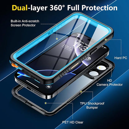 SPIDERCASE for iPhone 16 Pro Case Waterproof, [12FT Military Drop Proof] [IP68 Waterproof] [Full Body Protection] Heavy Duty Protective Cover for iPhone 16 Pro 6.3”, Light Blue