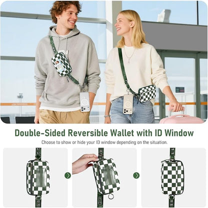 Clip and Go Strap for Phone with Wallet Crossbody Phone Lanyard and Detachable Checkered Bag with ID Window and RFID Pouch for Daily Travel.