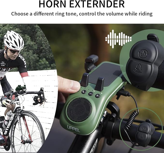 UPPEL Bike Phone Mount, Multifunctional Phone Holder Bicycle Bluetooth Speakers 10-in-1 LED Light Bike Horn Microphone Ideal for Road & Mountain Bike - Extreme & Casual Cycling (Green)