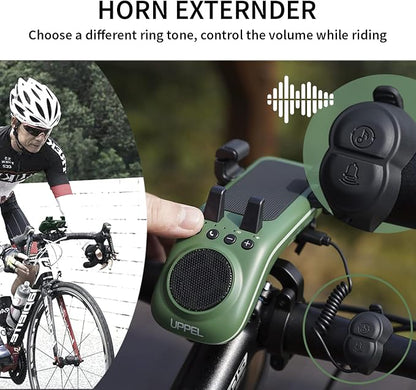 UPPEL Bike Phone Mount, Multifunctional Phone Holder Bicycle Bluetooth Speakers 10-in-1 LED Light Bike Horn Microphone Ideal for Road & Mountain Bike - Extreme & Casual Cycling (Green)