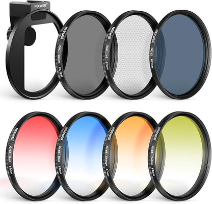NEEWER Clip On 67mm Phone ND Filter Kit with Cold Shoe Lens Clip, CPL/ND32/6 Point Star/4 Graduated Color Filter Compatible with iPhone 17 16 16e 15 Android Samsung Galaxy S25 Ultra S24