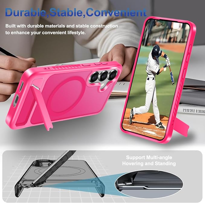 RMOCR for Samsung Galaxy S25 Case with Screen Protector+Lanyard Wrist Strap,Magnetic Translucent Matte Rugged Slim Phone Cover Built in Invisible Kickstand [Fit for MagSafe],2025 Hot Pink