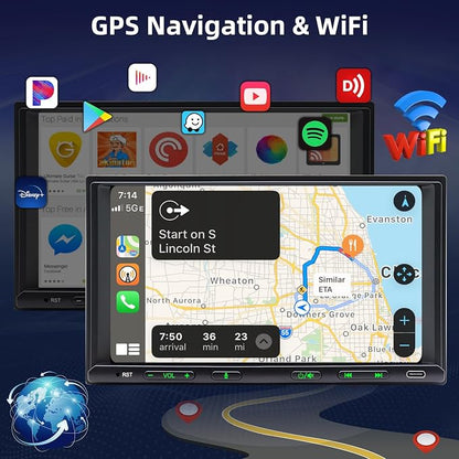 Android Car Stereo Double Din Wireless CarPlay & Android Auto, 7 Inch Touchscreen Car Radio with Split Screen, WiFi, DSP, AHD Backup Camera, Subwoofer, USB/AUX/SWC/FM (2G+32G)