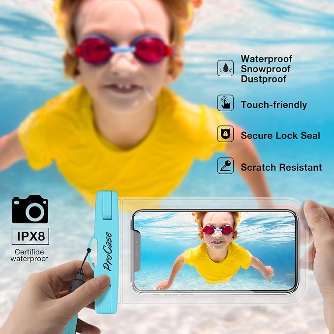 ProCase 2 Pack Waterproof Phone Pouch Case, 7" Universal Underwater Cellphone Dry Bag for iPhone 17 Air 16 15 14 13 Pro Plus Max 12 11, Galaxy S24 S23 S22 Ultra Pixel -Blue/Green